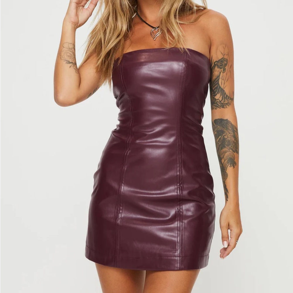 Burgundy leather strapless mini dress
